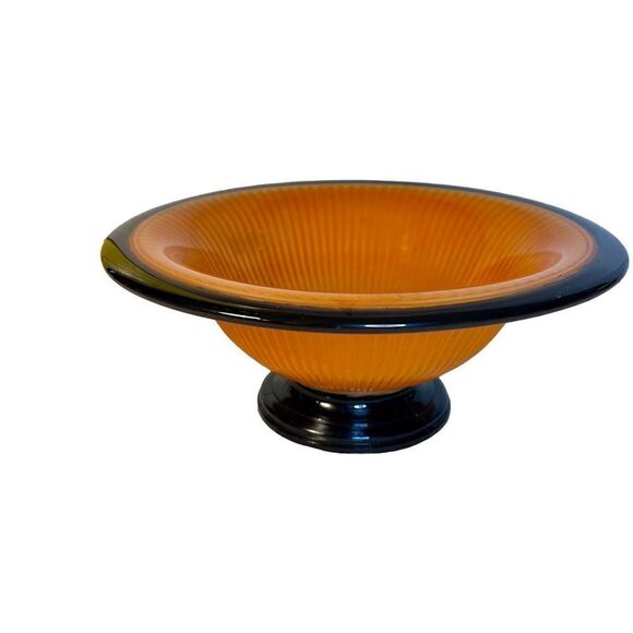 Vintage Art Deco Molded Orange And Black Cased Ribbed Fluted Bowl - Picture 5 of 16